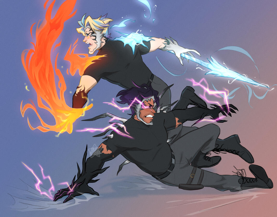 My OC, Jonathan, displaying his abilities alongside his partner, Rylie, to whom is LadyKatharos&#39;s OC